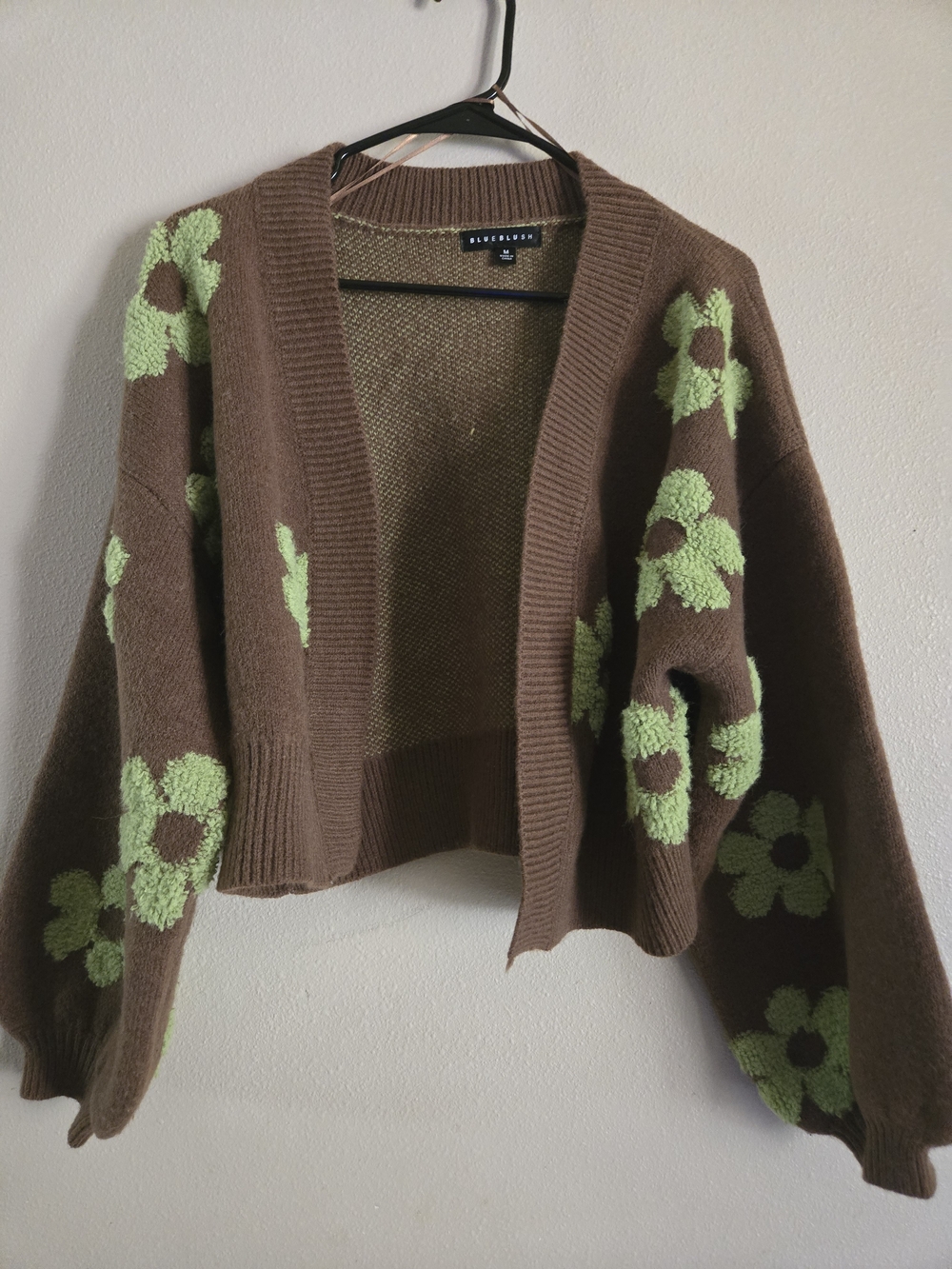 Blue Blush Brown Cardigan with Green Floral Tufted Accents